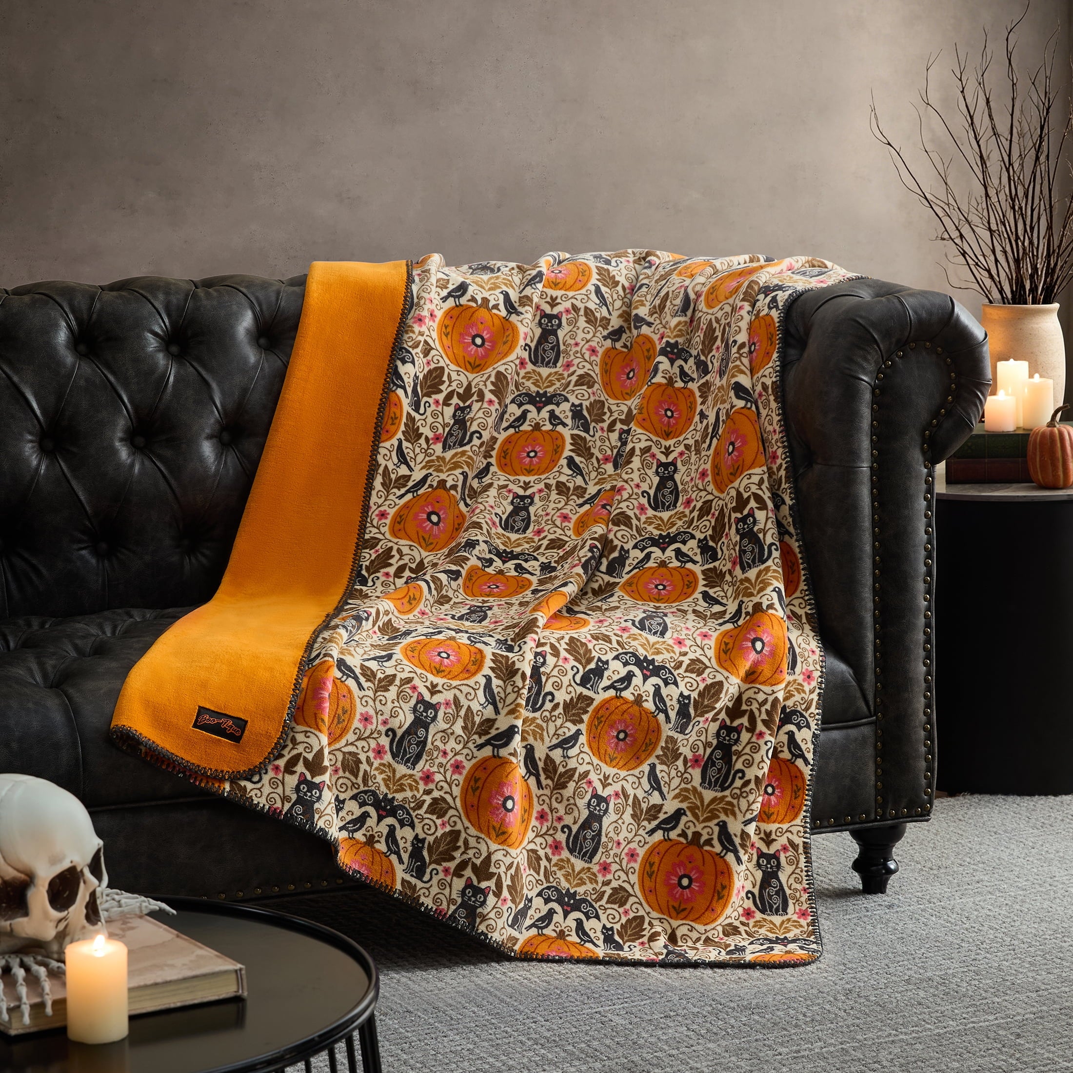 Boo-tique Halloween Plush Soft Oversized Couch Throw Blanket, Cats and Pumpkins, Orange, 50 x 72 in
