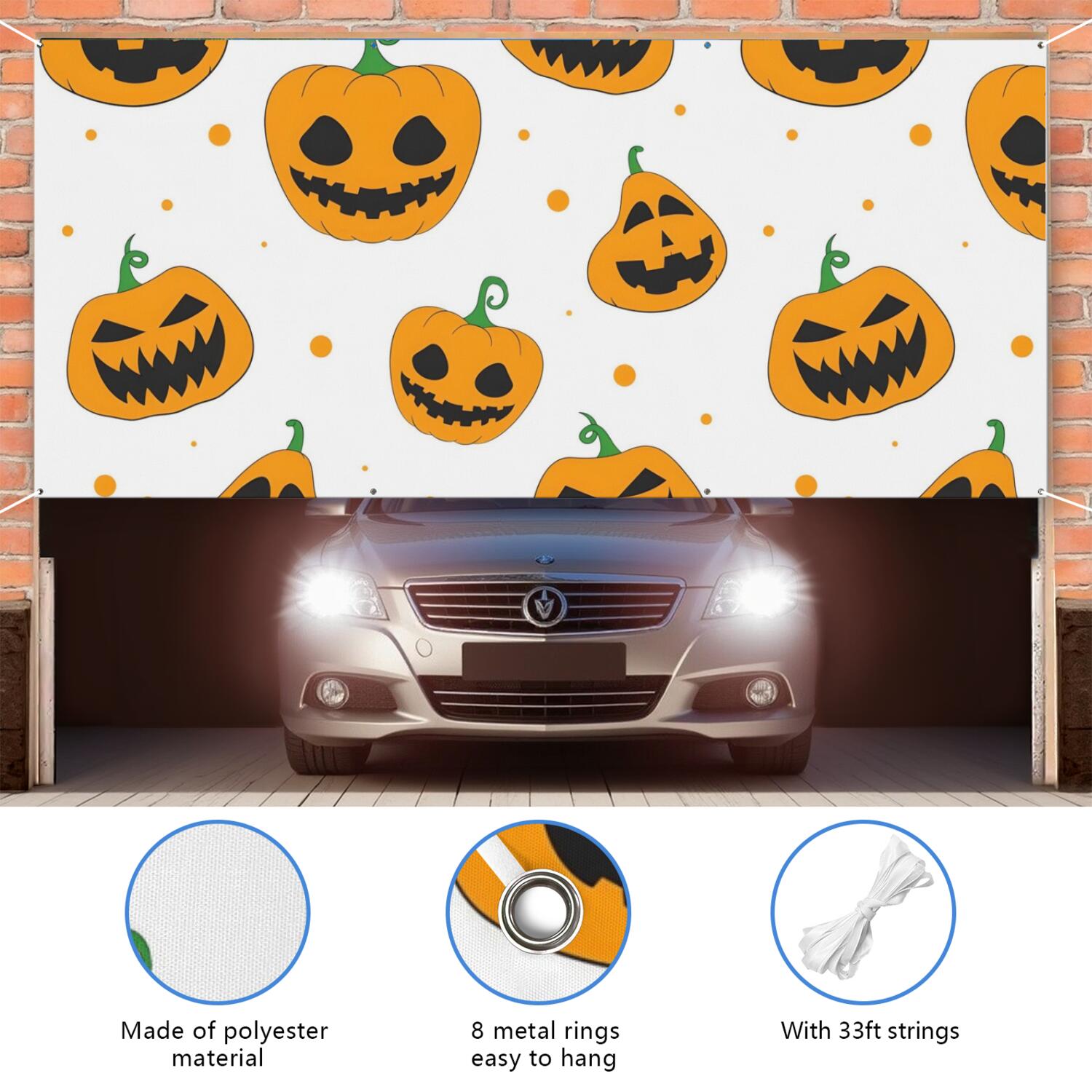Halloween Garage Door Cover - 13x6ft Spooky Ghost Pumpkin Skull Witch Black Cat Polyester Backdrop for Outdoor Decor