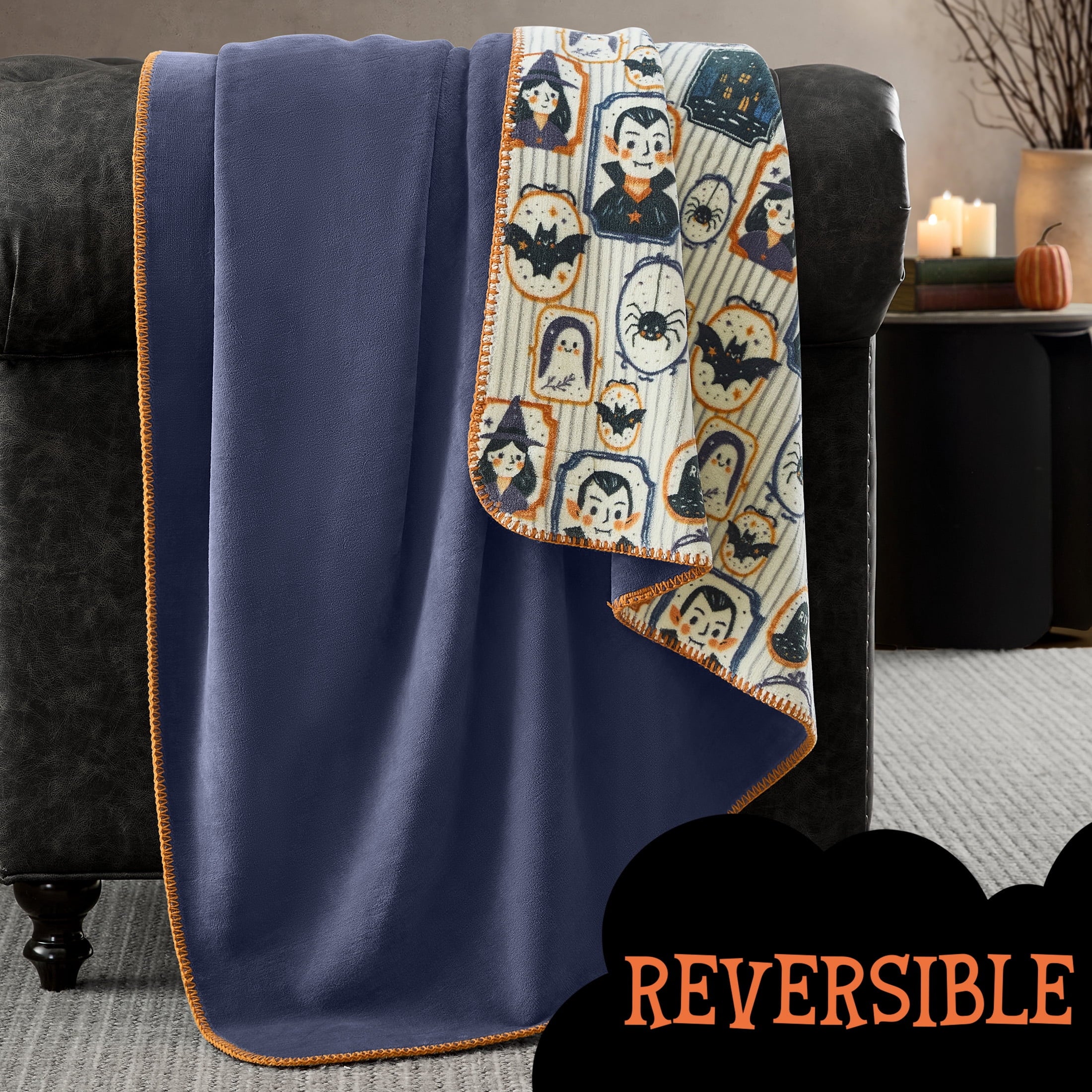 Boo-tique Halloween Plush Soft Oversized Couch Throw Blanket, Cats and Pumpkins, Orange, 50 x 72 in
