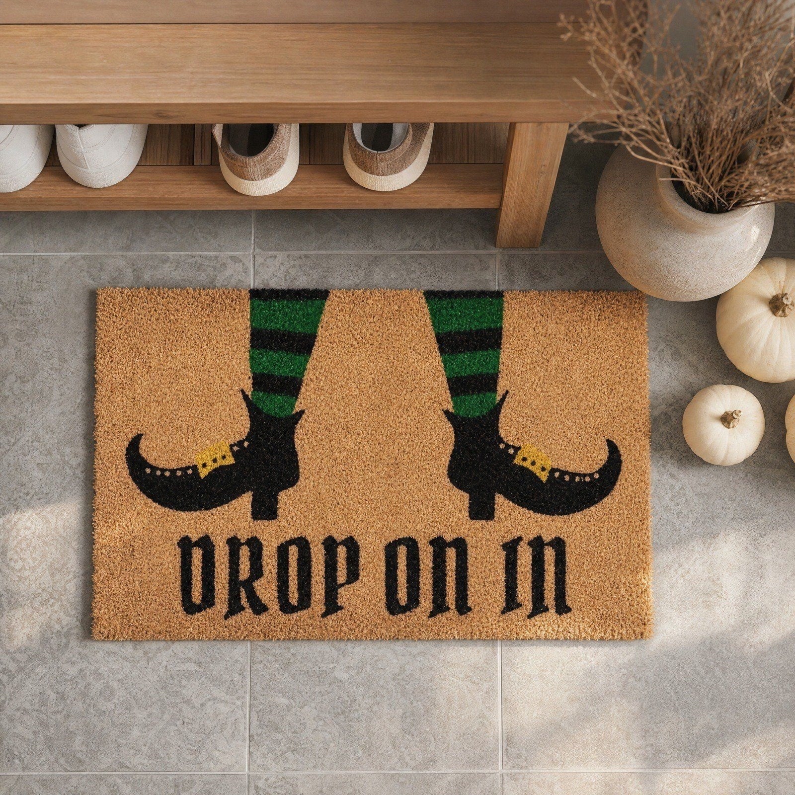 Halloween Doormat Vintage Retro Style Mat 23.6x15.7in Secure-Grip Absorbent Coir Look Entryway Rug for Front Porch Indoor Outdoor Decor by OVFUIZ