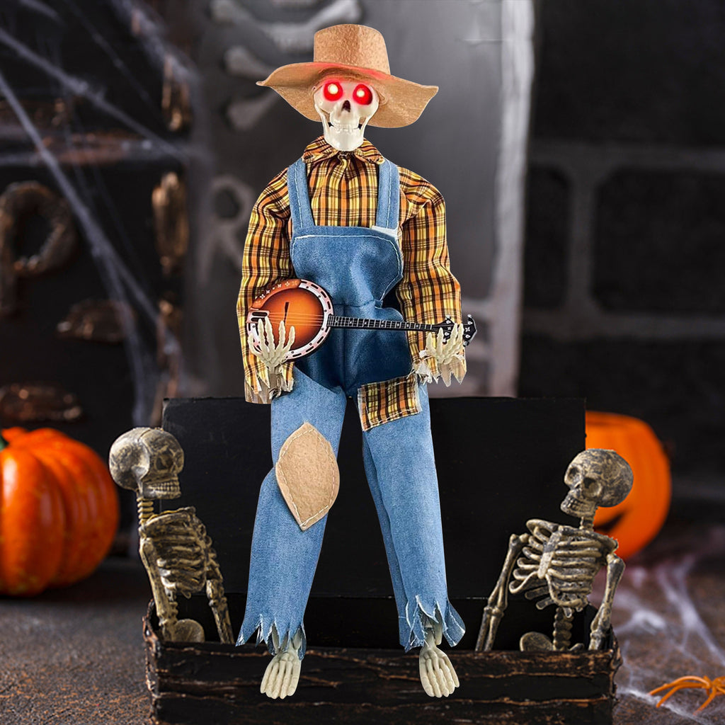 15" Animated Banjo Cowboy Skeletons with Clothes and Hat for Party Shelf Halloween Decorations(Red)