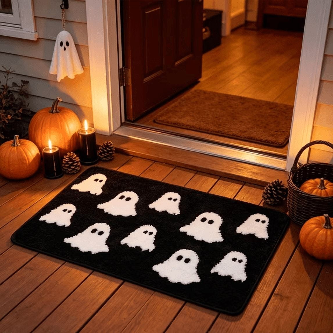 Halloween Doormat Ghost Bath Mat 23.6x15.7in Secure-Grip Absorbent Soft Faux Fur Rug for Bathroom Bedroom Living Room Decor by OVFUIZ