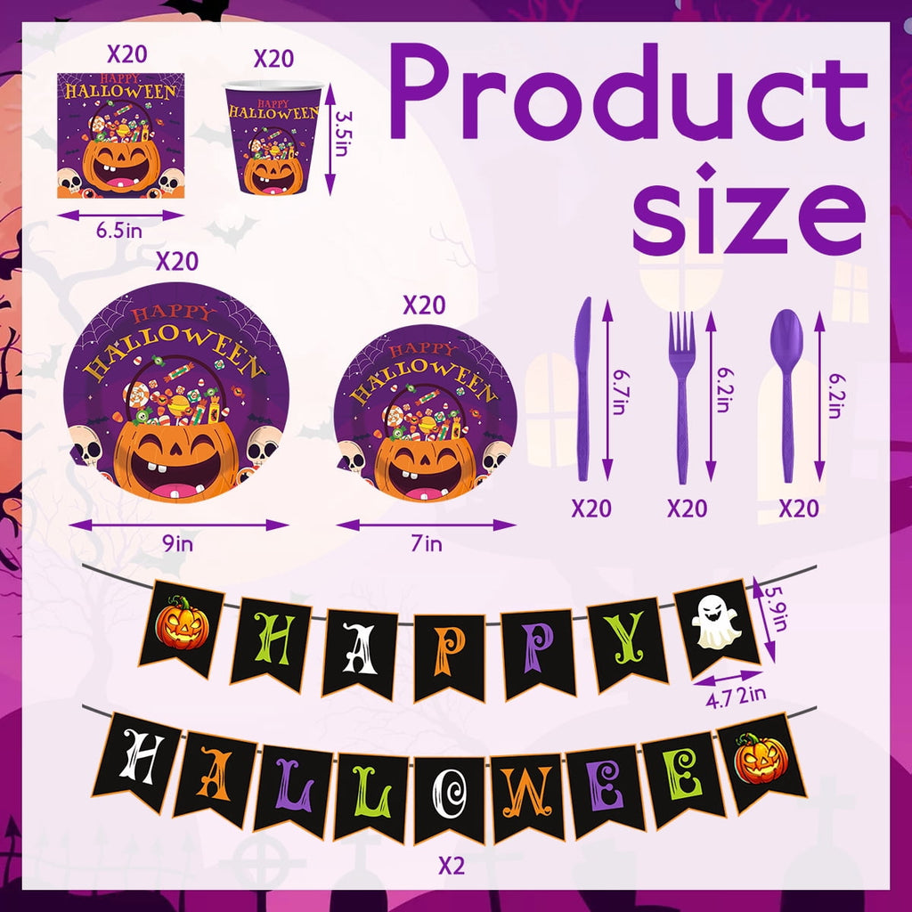 Halloween Paper Plates for Halloween Party Decoration Disposable Cups Napkins Table Cover for Halloween Banner Birthday Party Supplies Serve 20 Design 3