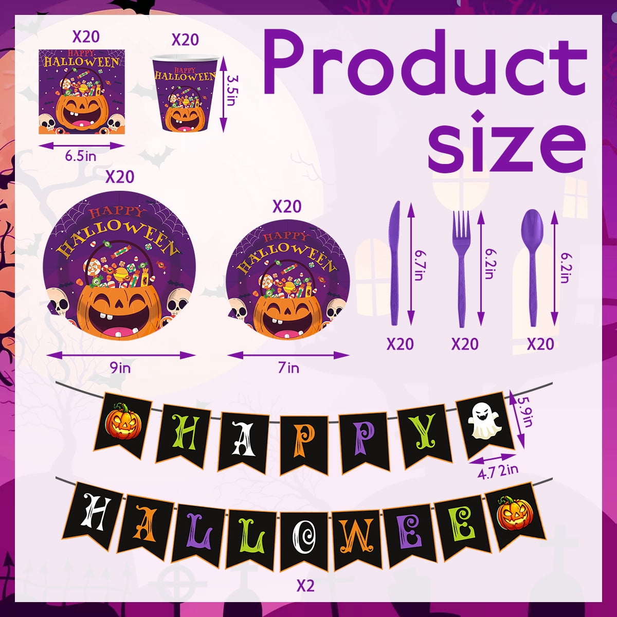 Halloween Paper Plates for Halloween Party Decoration Disposable Cups Napkins Table Cover for Halloween Banner Birthday Party Supplies Serve 20 Design 3