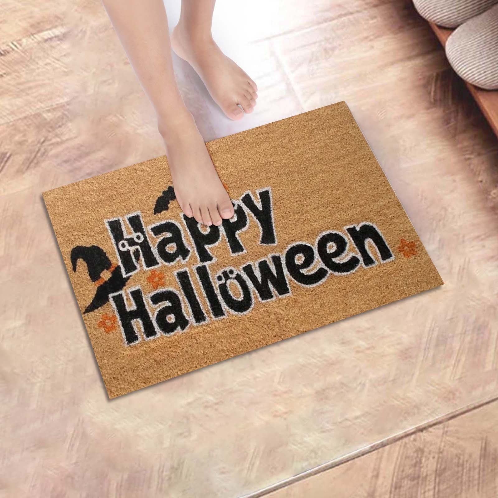 Wovilon Halloween Area Rug Doormat, Black Castle Front Door Mat Non Slip Rubber Backing, Happy Halloween Orange Indoor Outdoor Entrance Mats, Halloween Home Decor Outdoor Rug, 16 X 24 Inches