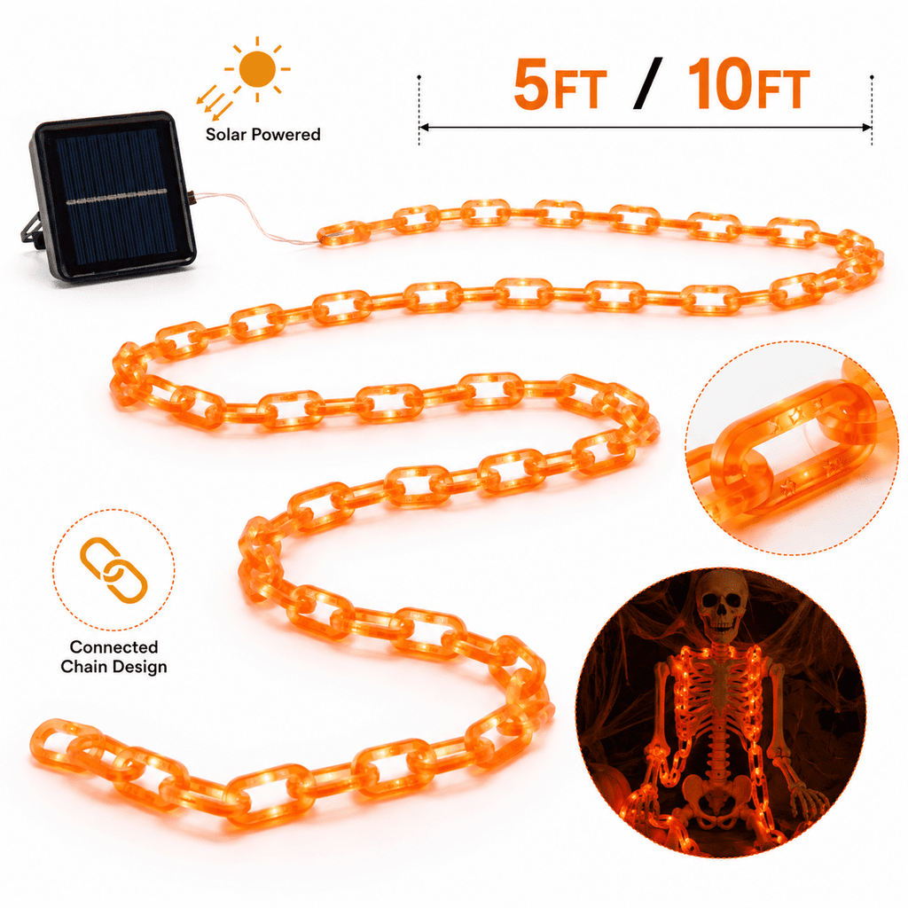 DAKIMOE Halloween Decoration Chain String Lights Orange Light Up Plastic Chain Decoration 10FT Long Glowing Link Chain for Haunted House Party Porch Yard Door Indoor Outdoor Halloween Decor
