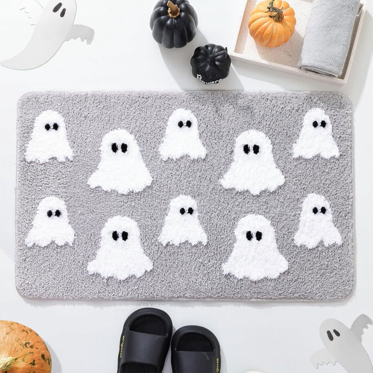 Coollooc Halloween Spooky Ghosts Bath Mat, Light Grey Bathroom Rugs Cute Home Decor Non Slip Gift Shower Rug for Bedroom, Happy Halloween Door Mat, Living Room and Entry(Pink)