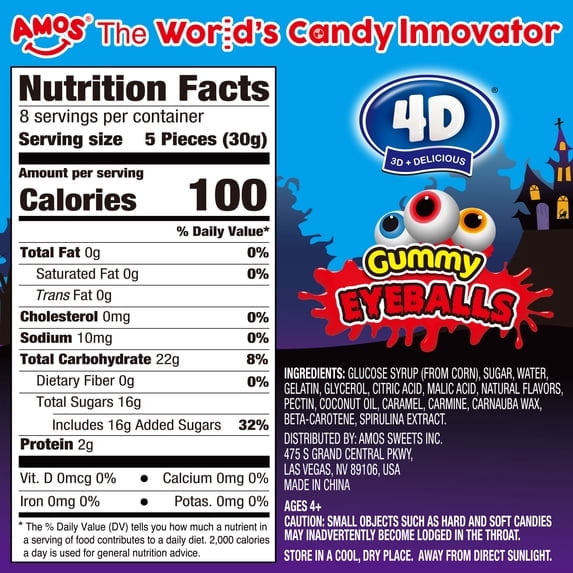 AMOS Cotton Candy Halloween Pizza, Eyeballs Candy for Party, Gluten-Free, 6 Count, 6.35 oz
