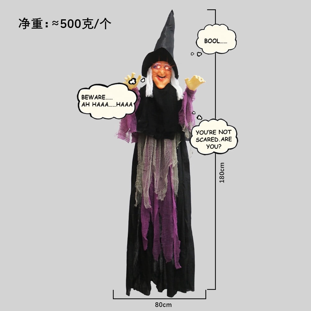 DAMAI 5.9 FT Hanging Witch Halloween Decorations Outdoor,Hanging Witch Halloween Decor,Giant Animated Standing Talking Witch with Red Eyes,Flying Witch Standing Decor for Haunted House Props