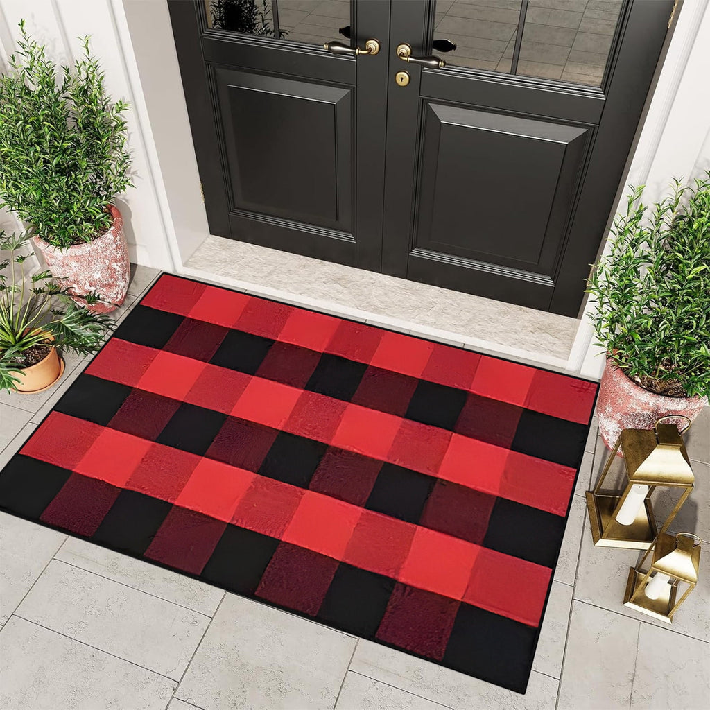 Orange Plaid Fall Outdoor Mat, Hand-Woven Porch Rug for Thanksgiving Halloween Door Decor