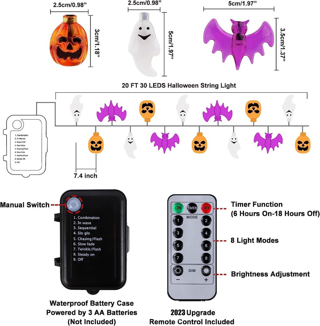 Halloween Lights, 20FT 30 LED Waterproof 3D Pumpkin Bat Ghost Battery Operated String Lights with Timer - 8 Lighting Modes Fairy Light for Window Indoor Outdoor Decor Halloween Party Decorations
