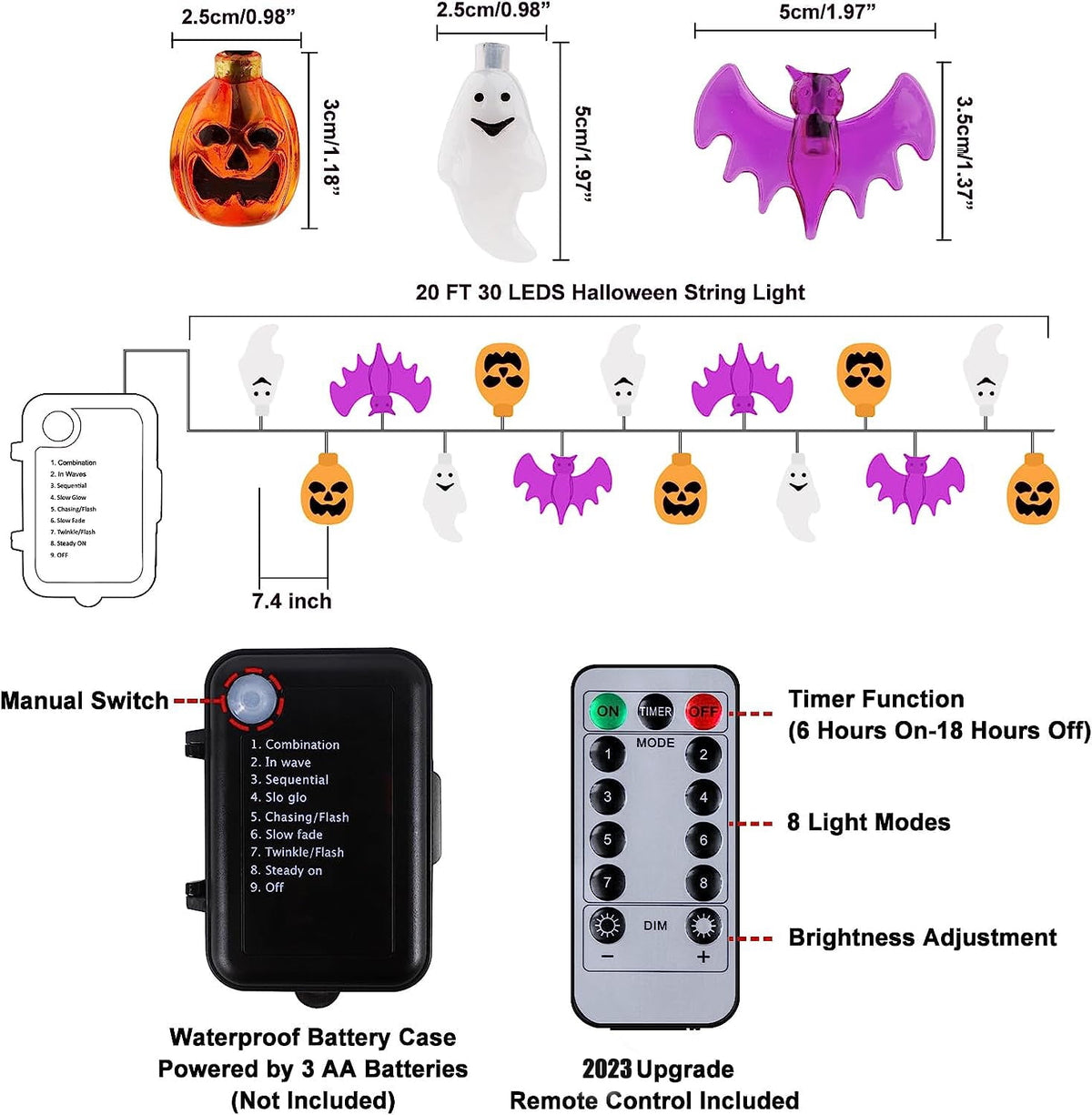 Halloween Lights, 20FT 30 LED Waterproof 3D Pumpkin Bat Ghost Battery Operated String Lights with Timer - 8 Lighting Modes Fairy Light for Window Indoor Outdoor Decor Halloween Party Decorations