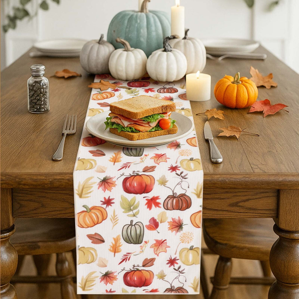OVZME Joyce Fall Leaves Table Runner for Kitchen Dining Table, Thanksgiving Autumn Printed Harvest Pumpkins Maple Leaves for Halloween Holiday Home Decorations, Water-Proof, Washable, 13" W x 90" L