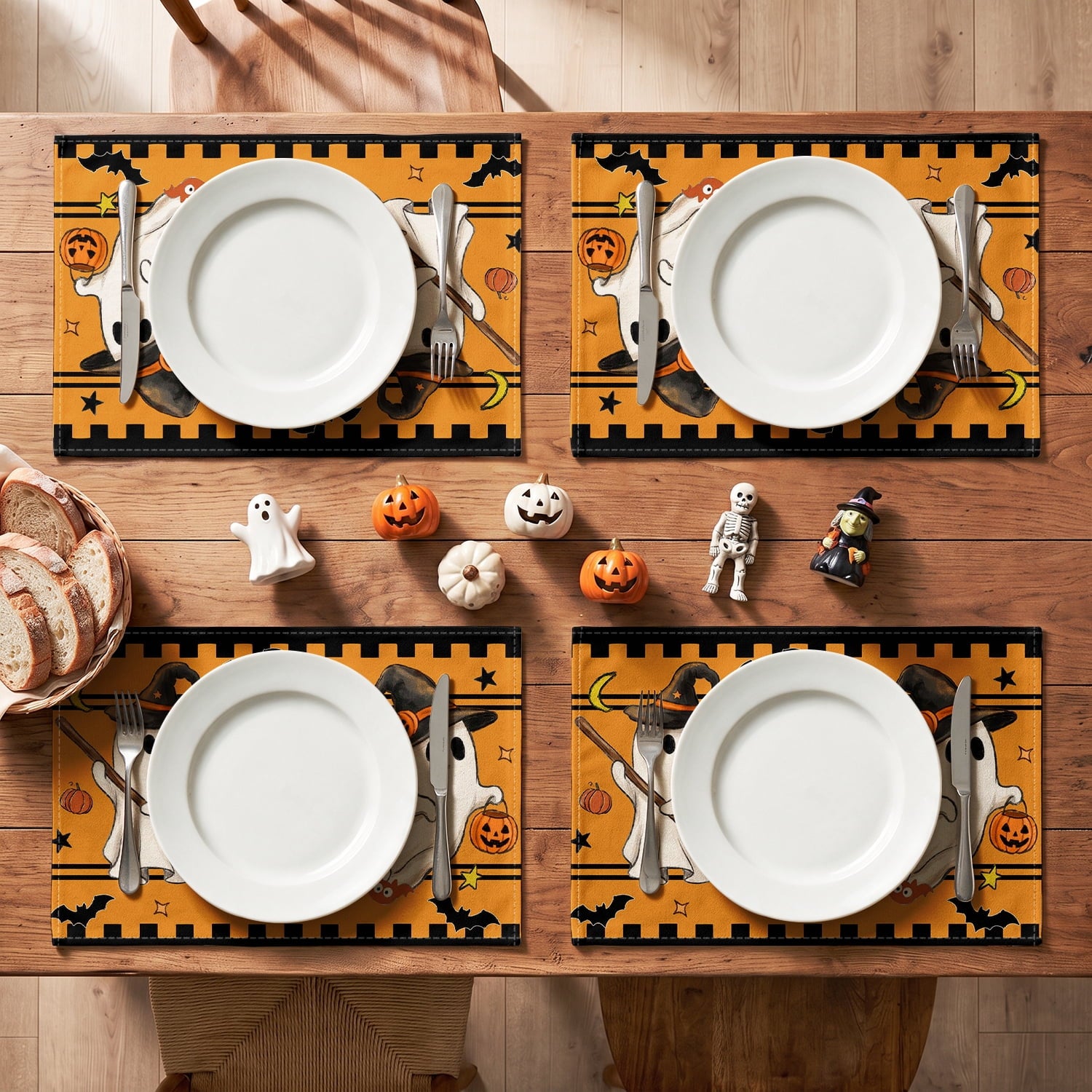 Smile Jack-O'-Lantern Spider Web Halloween Table Placemats Set of 4 Round 15 Inch Black