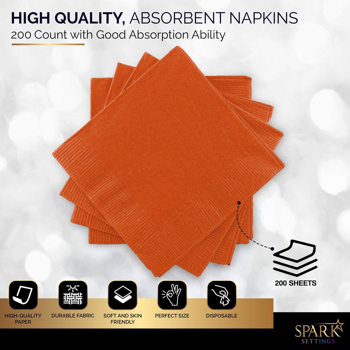 Amcrate Big Party Pack 200 Count Black Orange Beverage Napkins - Ideal for Halloween Party, Wedding, Party, Birthday, Dinner, Lunch, Cocktails. (5” x 5”)