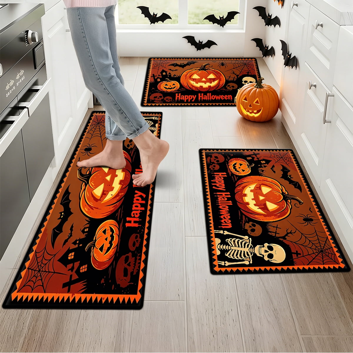 YIMEIS Halloween Pumpkin Lanterns 1Pc Flannel Mat and Kitchen Rugs,Soft Non-slip,Perfect for Home Bathroom