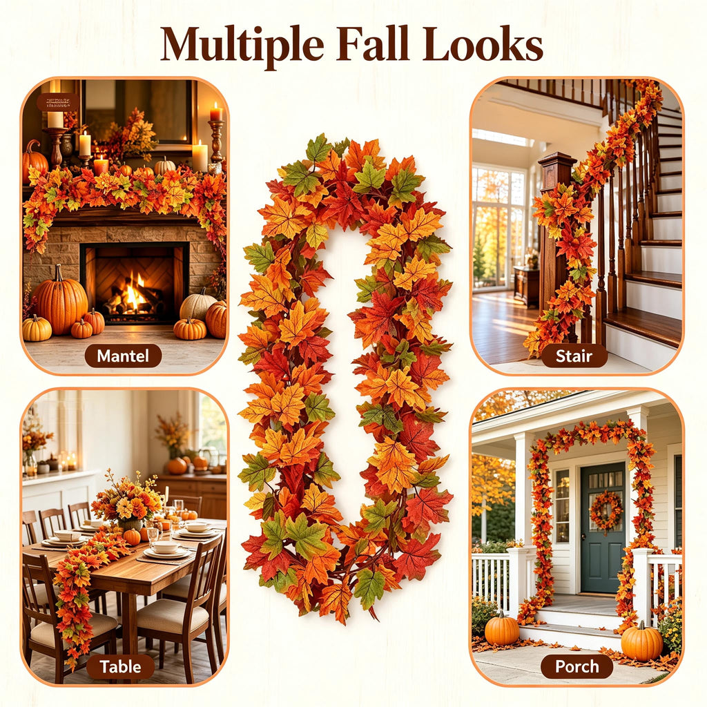 WKSCLPAI Halloween Maple Leaf Garland, Fall Vine Wreaths for Autumn Festivities Decor,Seasonal Garlands for Home,Halloween & Fall Decorations
