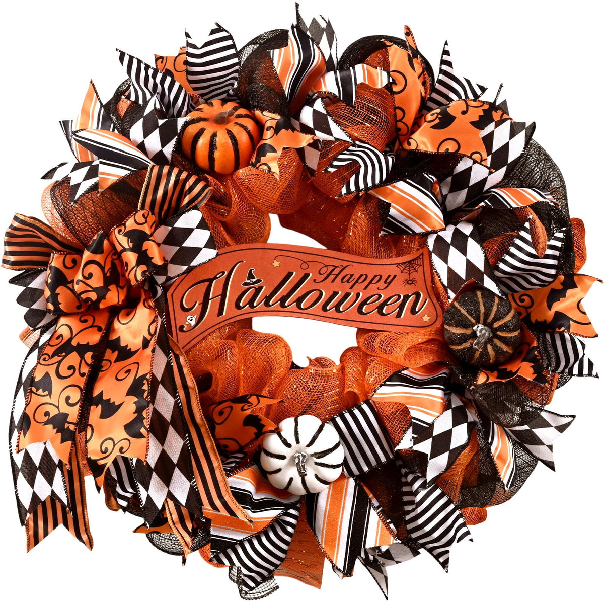 Yastouay 20" Halloween Wreath for Front Door Orange Black Mesh Wreath with Pumpkins "Happy Halloween" Fall Harvest Decor for Party