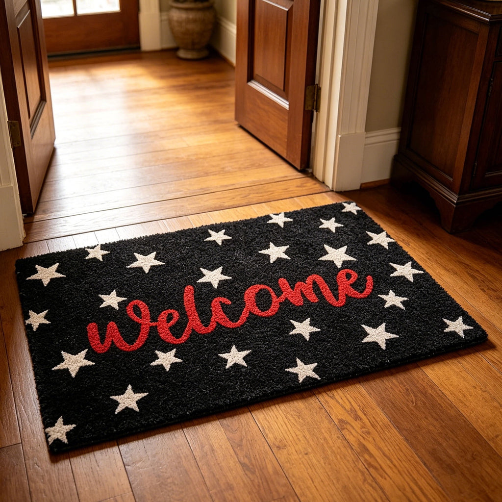 Patriotic Door Mat 4th of July Bow Flag Floor Doormats Independence Day Star Welcome Non Slip Mats for Front Porch Decor 16*24in Black