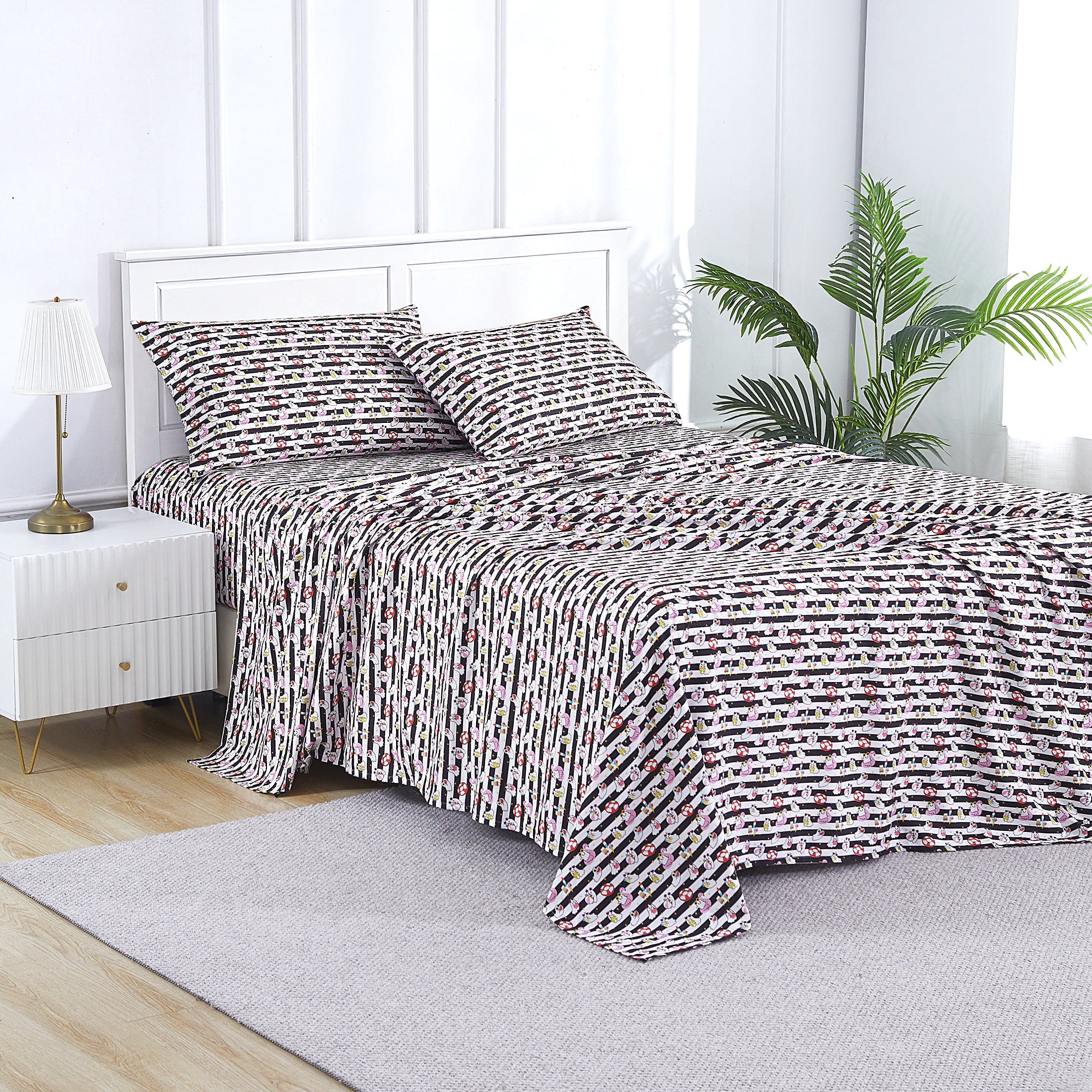 Summerween Crafted by Catherine Full 4-Piece Sheet Set, Black & White Nautical Ghosts
