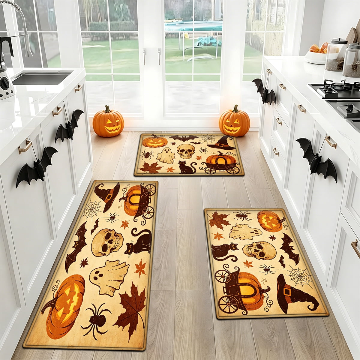 YIMEIS Halloween Neon Pumpkin Lanterns 3Pcs Flannel Mat & Kitchen Rugs Set,Soft Non-slip,16''×24'' 20''×30'' 17''×47'' Inches,for Entryway Bathroom