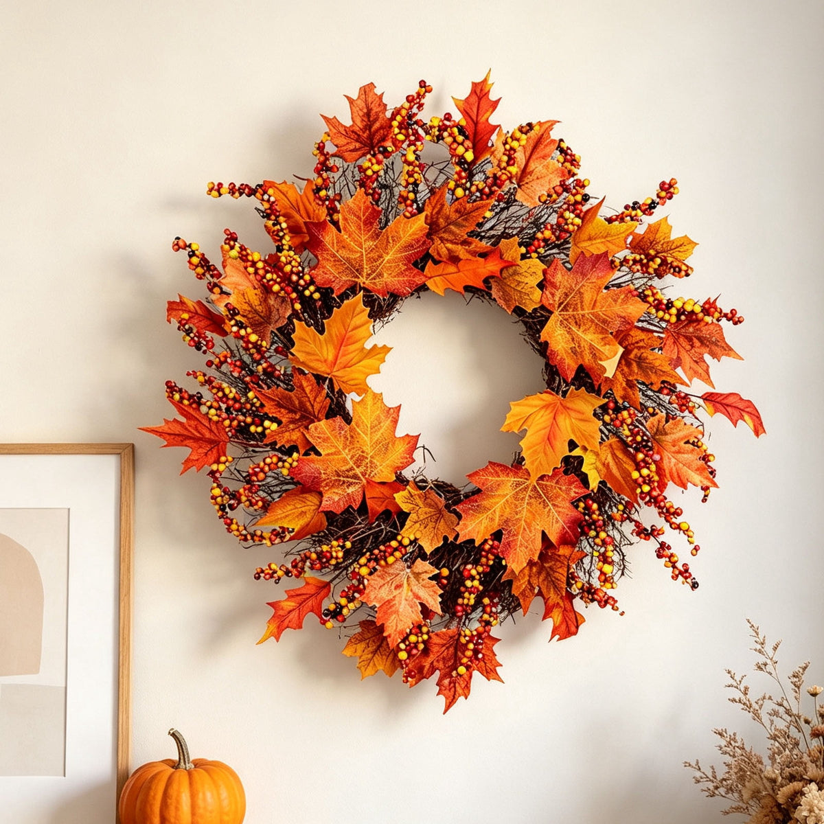 HOARBOEG Autumn Harvest Sunflower Wreath, Artificial Pumpkin Maple Leaf Fall Wreath for Front Door, 21.65 in Thanksgiving Wall Hanging Decor, Outdoor Indoor Harvest Decor