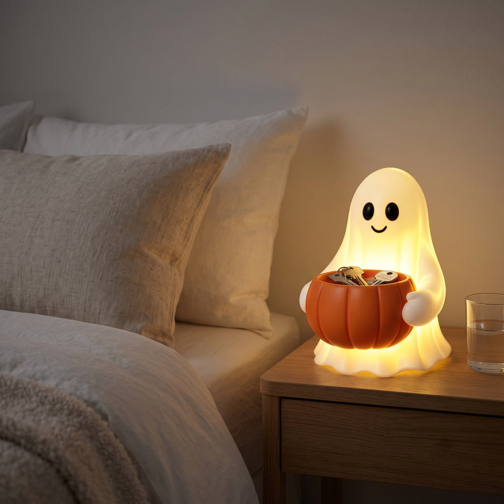 Cute Reading Ghost in Teacup Figurine, Resin Ghost Statue with Pink Bow Heart Floral Cup, Table Centrepiece Tiered Tray Desk Shelf Decor, Small Halloween Decorations, 4.5 Inch