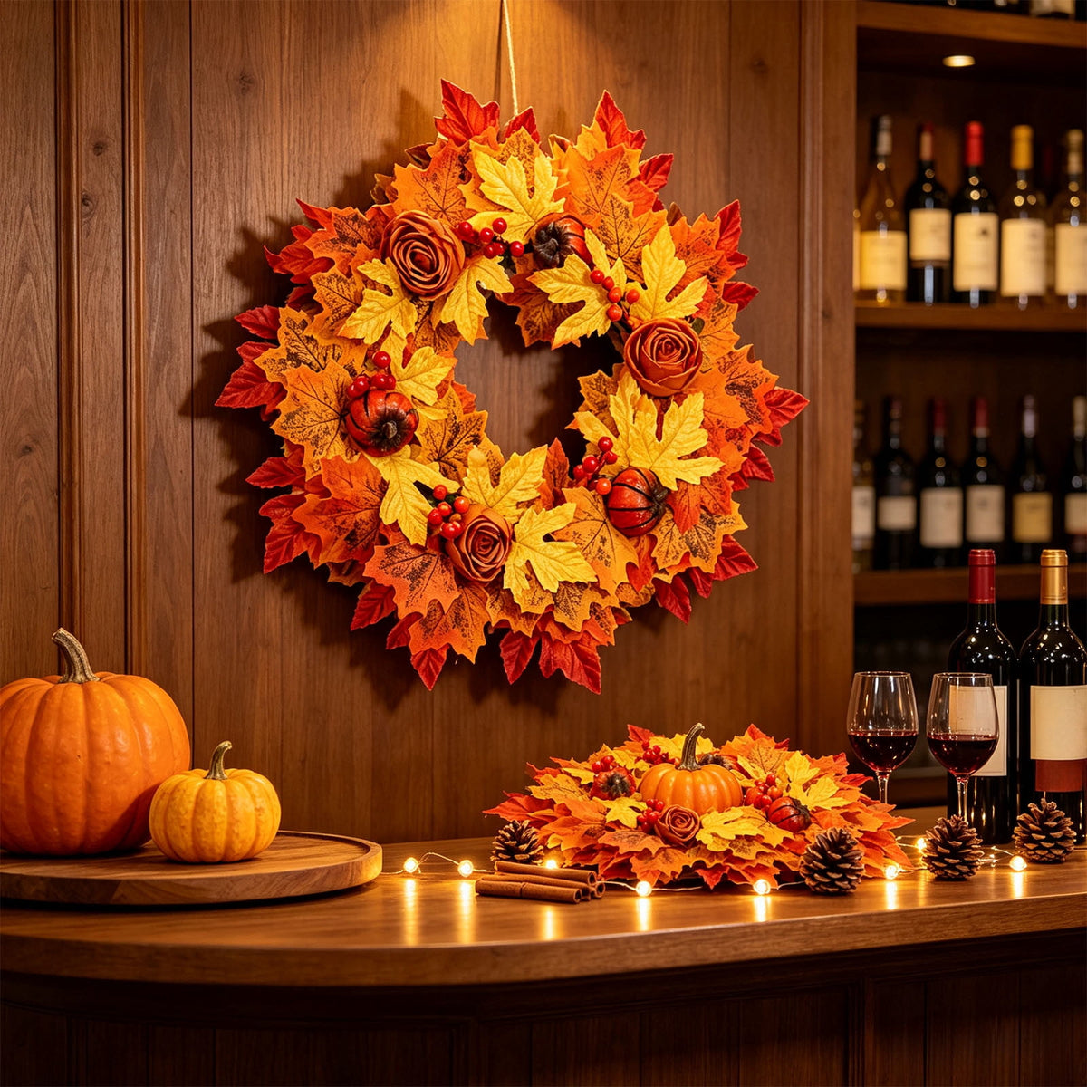 HOARBOEG Handmade Wrought Iron Maple Leaf Wreath, Thanksgiving Rudolph Fall Harvest Door Hanging, Orange Metal Autumn Wreath with Berries, Garden Wall Decor, 15.75 in