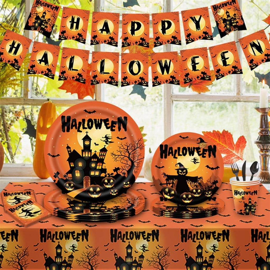 Halloween Party Supplies Decoration Tableware Set,114 Pcs Includes Plates, Napkin,Cup,Straw, Banners, Tablecloth.Halloween Disposable Dinnerware for Halloween Party Decorations,Serve 16