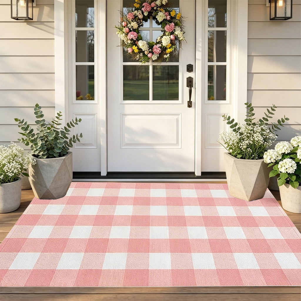 Orange Plaid Fall Outdoor Mat, Hand-Woven Porch Rug for Thanksgiving Halloween Door Decor