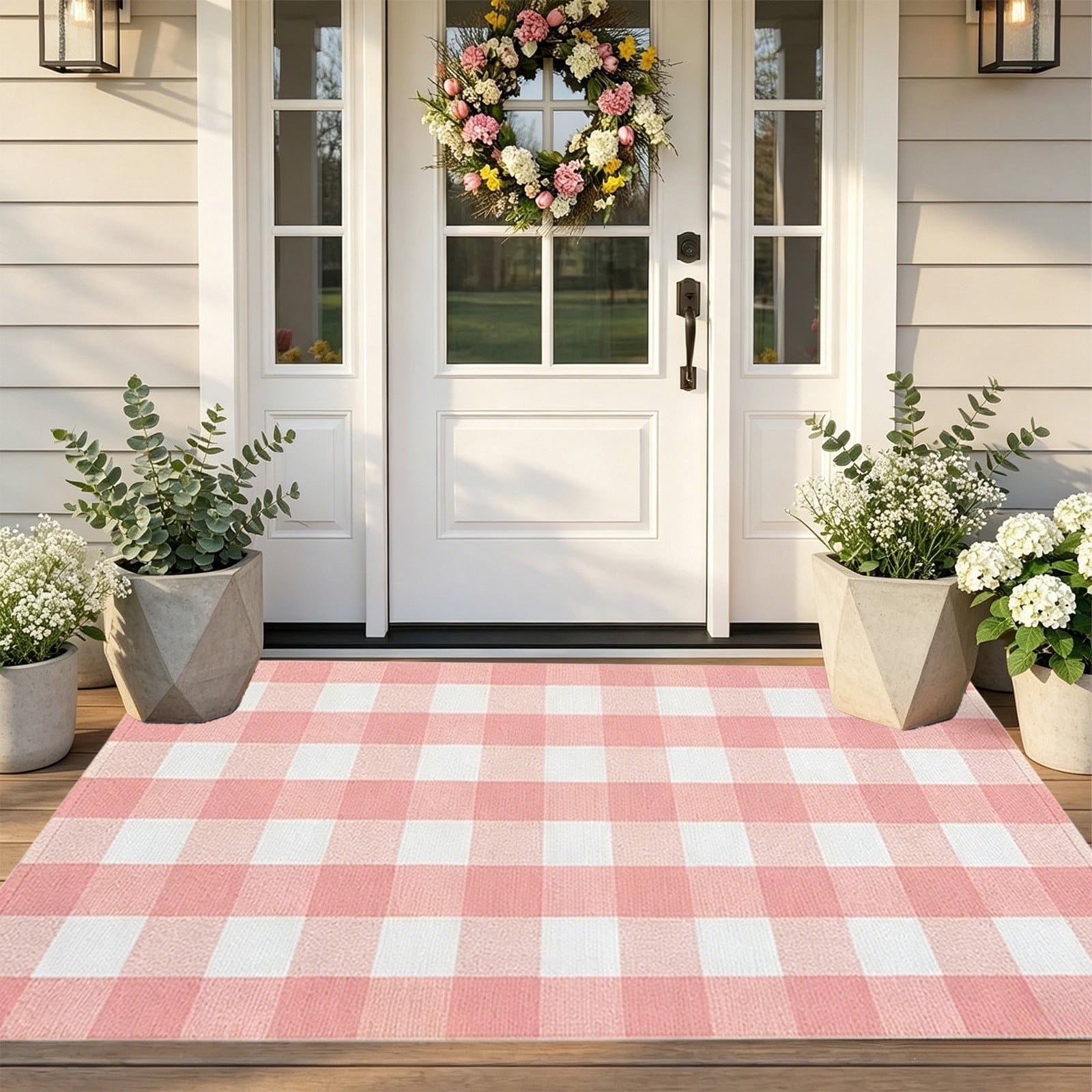 Orange Plaid Fall Outdoor Mat, Hand-Woven Porch Rug for Thanksgiving Halloween Door Decor