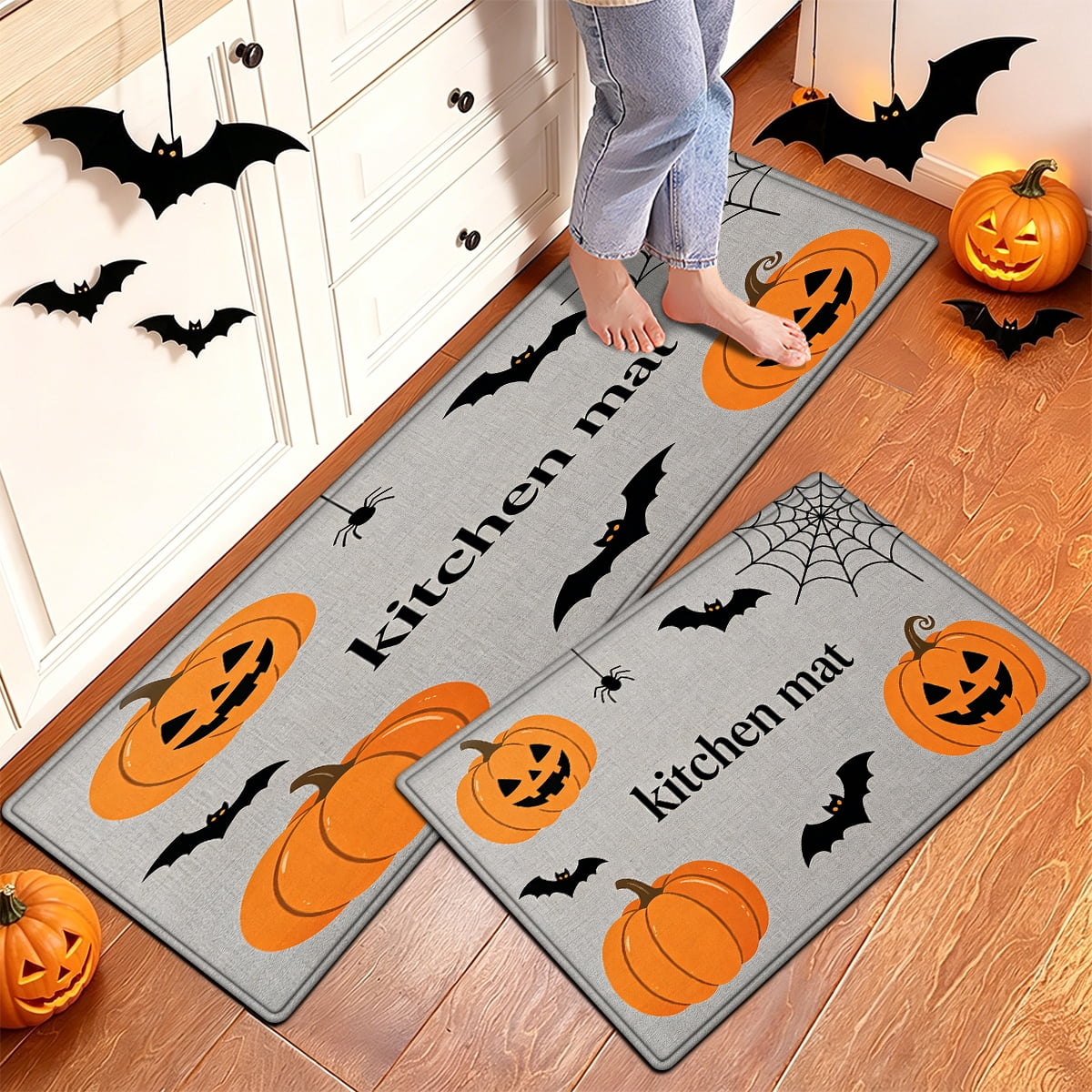 YIMEIS Halloween Pumpkin Lanterns 3Pcs Flannel Mat and Kitchen Rugs Set,Soft Non-slip,Perfect for Home Bathroom