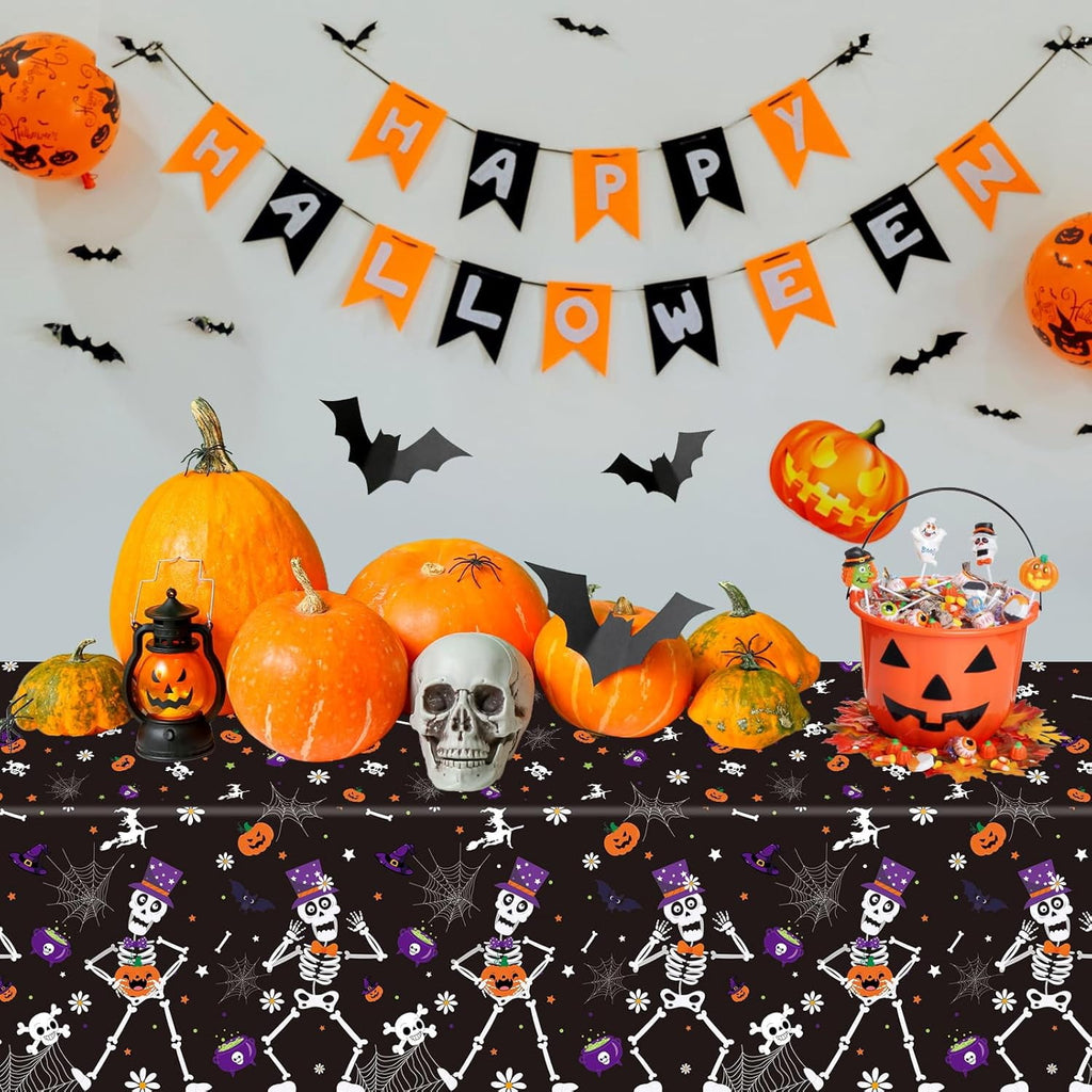 3 Pack Halloween Party Tablecloth 108 x 54 in, Halloween Dancing Skeleton Plastic Table Cover for Halloween Decorations Favors Supplies Indoor Outdoor Backdrop Banner