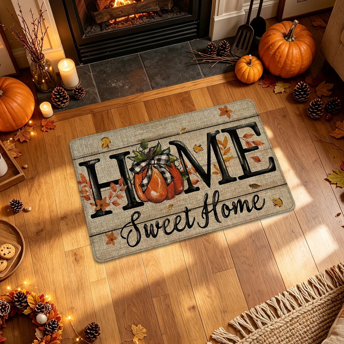 syligr Halloween Thanksgiving Doormat with Maple Leaf & Pumpkin Patterns - Non-Slip Floor Mat for Entryway, Kitchen, Porch, Fall Harvest Decor Rug with Anti-Fatigue Backing, Gift for Thanksgiving