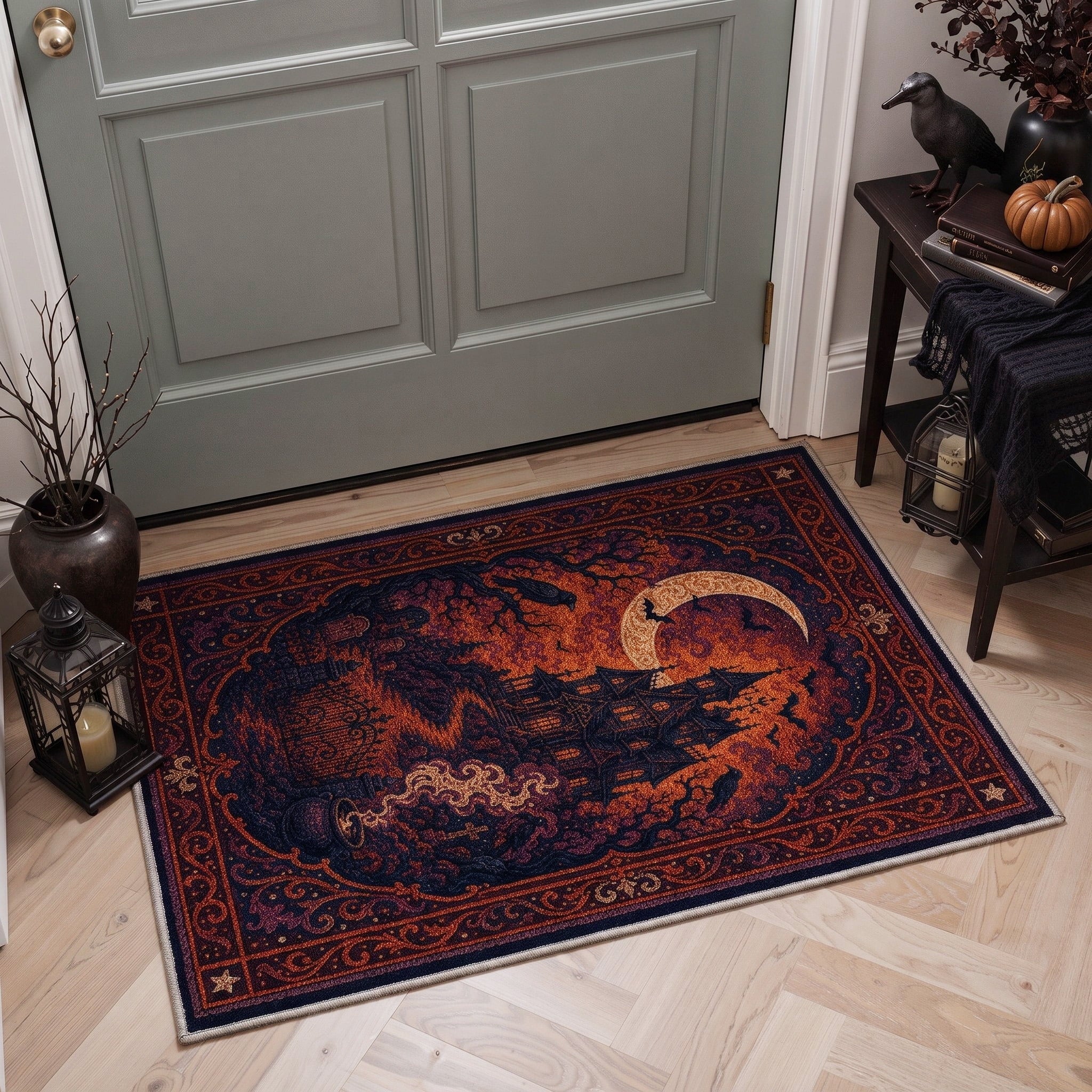 GENIMO 5'x7' Halloween Area Rug for Living Room, Washable Non Slip Soft Vintage Witch Indoor Rug for Bedroom Dining Room Home Office, Retro Sepia