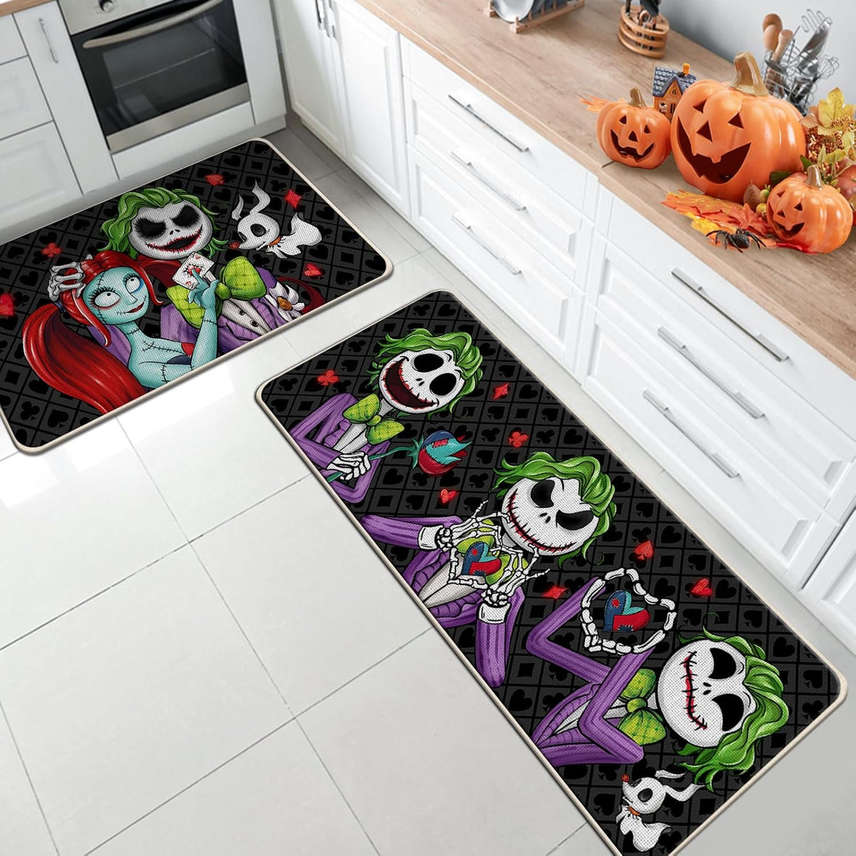 Halloween Jack Skellington Kitchen Rugs Set of 2, Green Monster Mayor Jack O Lantern Pumpkin Kitchen Mats Decor, Funny Holiday Ghost Floor Door Mat Home Decorations - 17x29 and 17x47 Inch