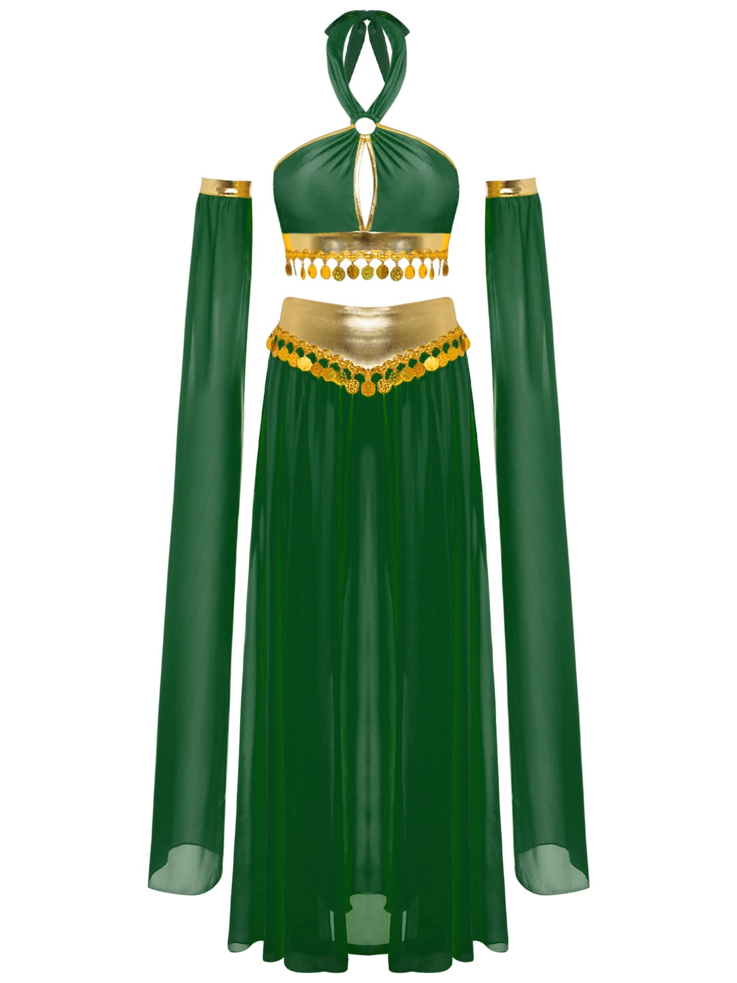 iiniim Women Belly Dance Dress Arabian Greek Princess Halloween Costume Chiffon Skirts 4piece Outfit Green L
