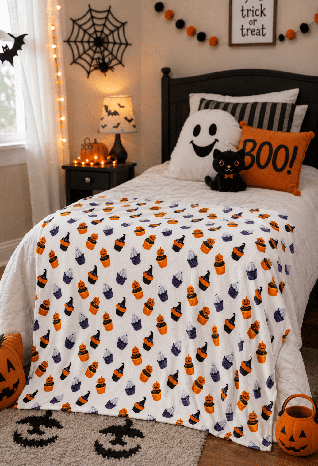 Serafina Home Halloween Throw Blanket: Fuzzy Boo! Jack O'Lantern Spider Webs Skull and Black Cats Print on Velvet Fleece for Sofa Bed Couch Chair Dorm
