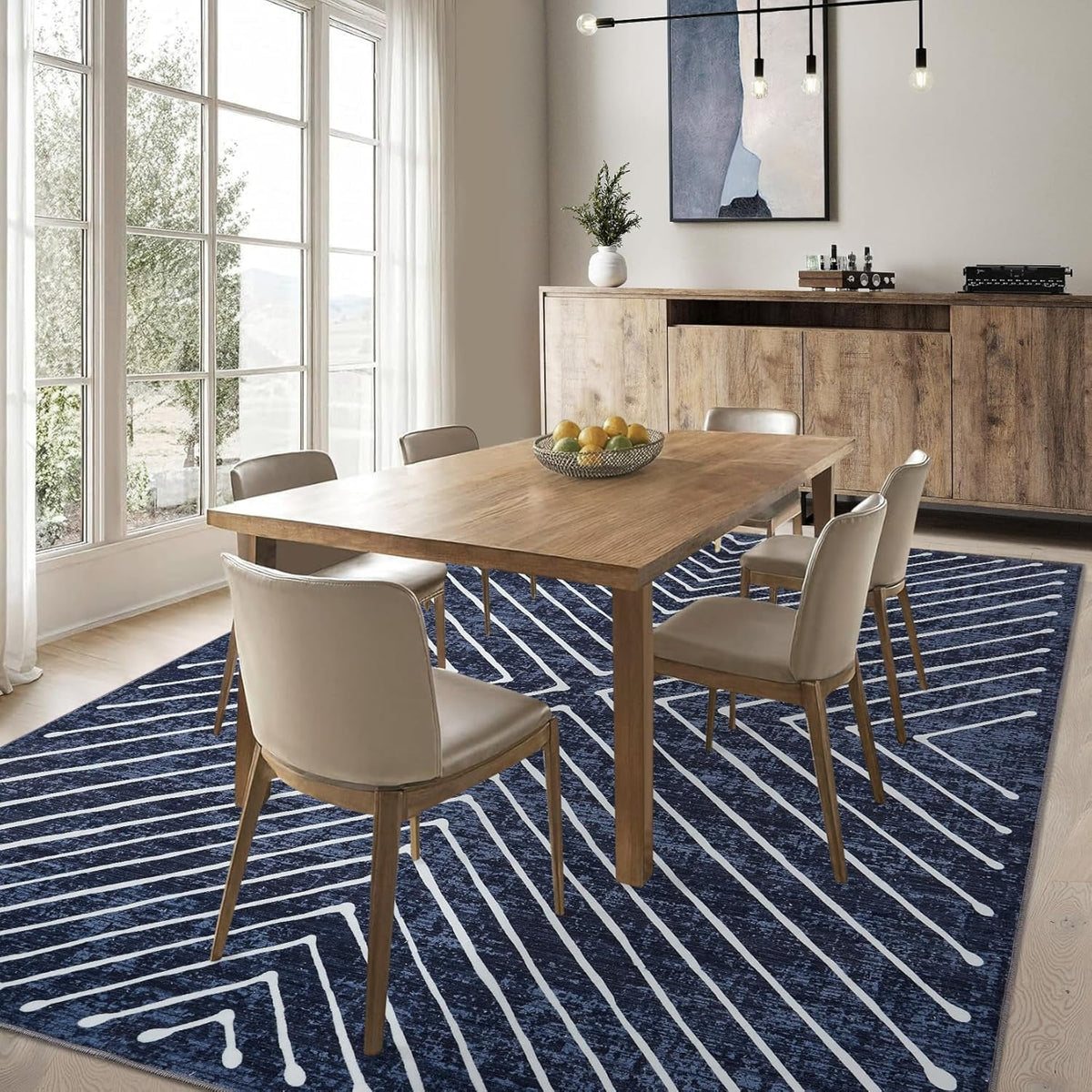 Washable Rug 10x13 Area Rug for Bedroom Modern Living Room Rug Non Slip Striped Large Area Rug Soft Non Shedding Throw Rugs Stain Resistant Carpet for Dining Room Nursery Navy 10'x13'