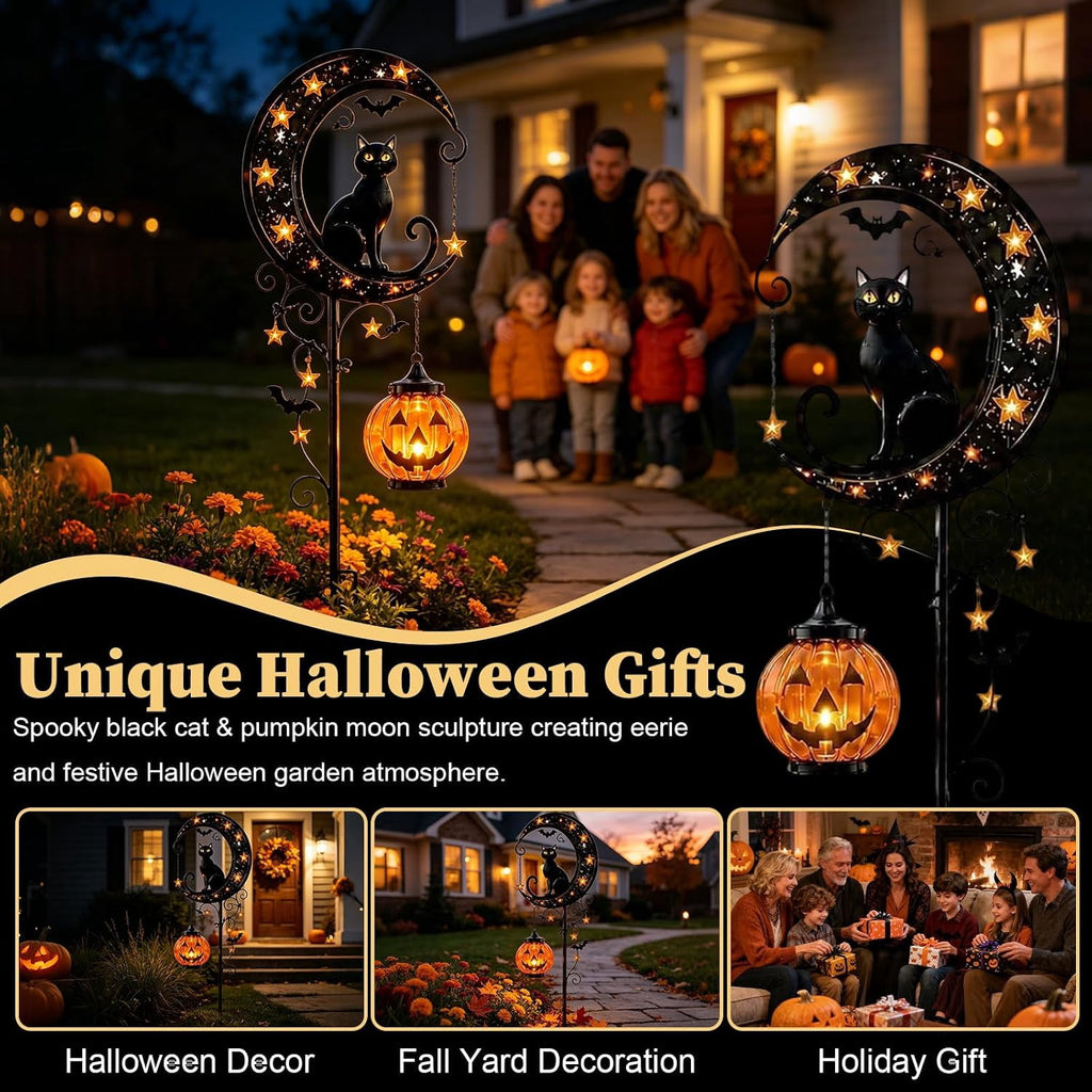Solar Halloween Black Cat & Pumpkin Moon Garden Stake Light | Waterproof Metal Black Cat Yard Ornament, Auto On Off Solar Outdoor Light, Fall Halloween Decor Stake for Lawn Patio Pathway