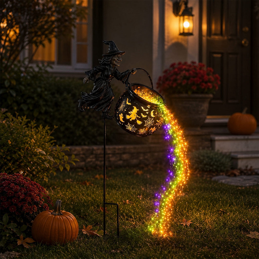 Halloween Witch Cauldron Garden Light, 3D Witch Cauldron LED Projector Outdoor Decor, Solar Powered Garden Stake Light with Halloween Shadow Projection Effect