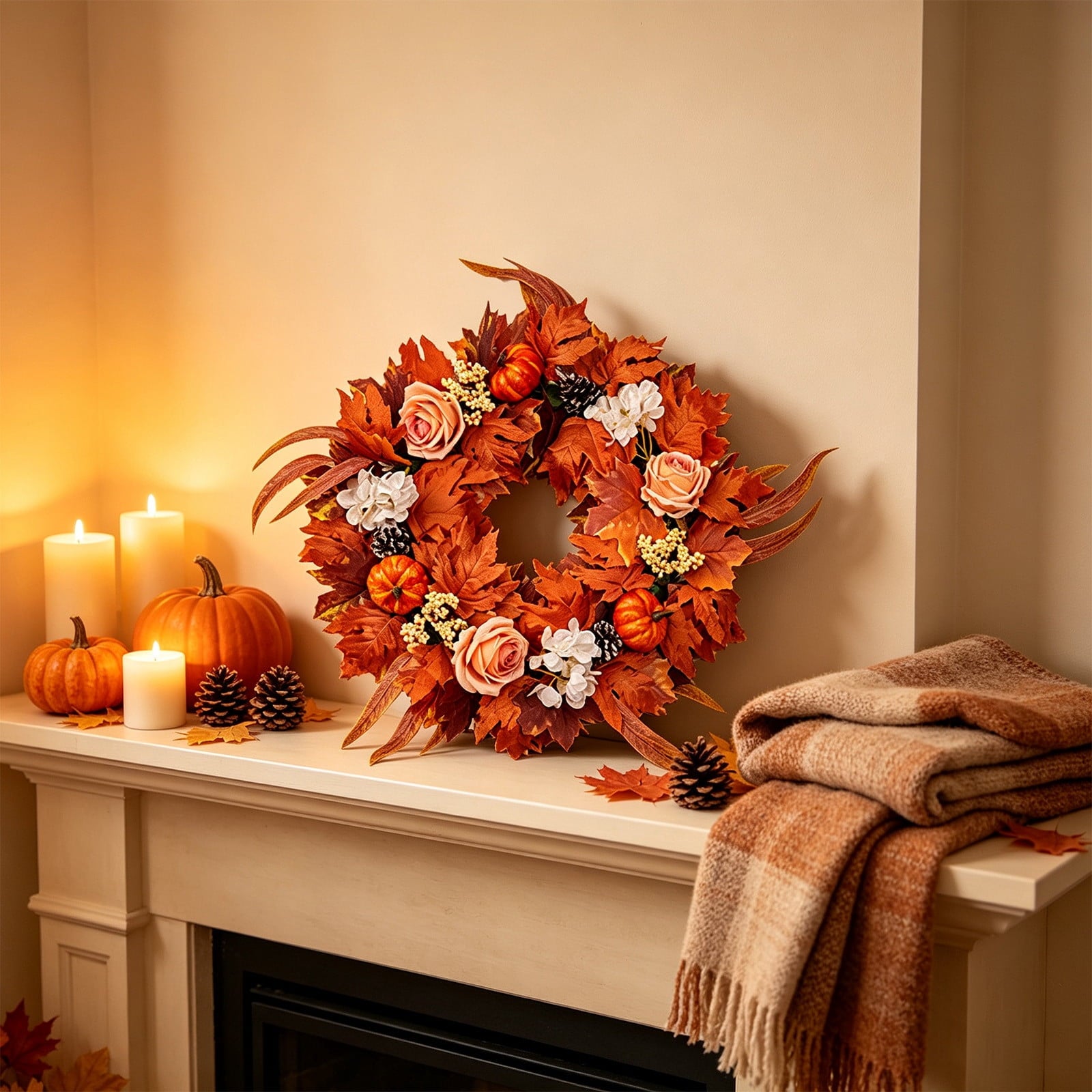 HOARBOEG Autumn Harvest Sunflower Wreath, Artificial Pumpkin Maple Leaf Fall Wreath for Front Door, 21.65 in Thanksgiving Wall Hanging Decor, Outdoor Indoor Harvest Decor