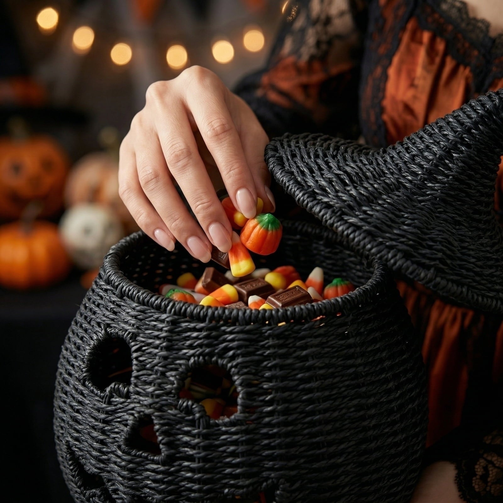 2026 Halloween Black Woven Seagrass Pumpkin Storage Basket with Lid, Fall Indoor Home Decorations for Halloween Party Home Halloween Decor, 10.2 inch