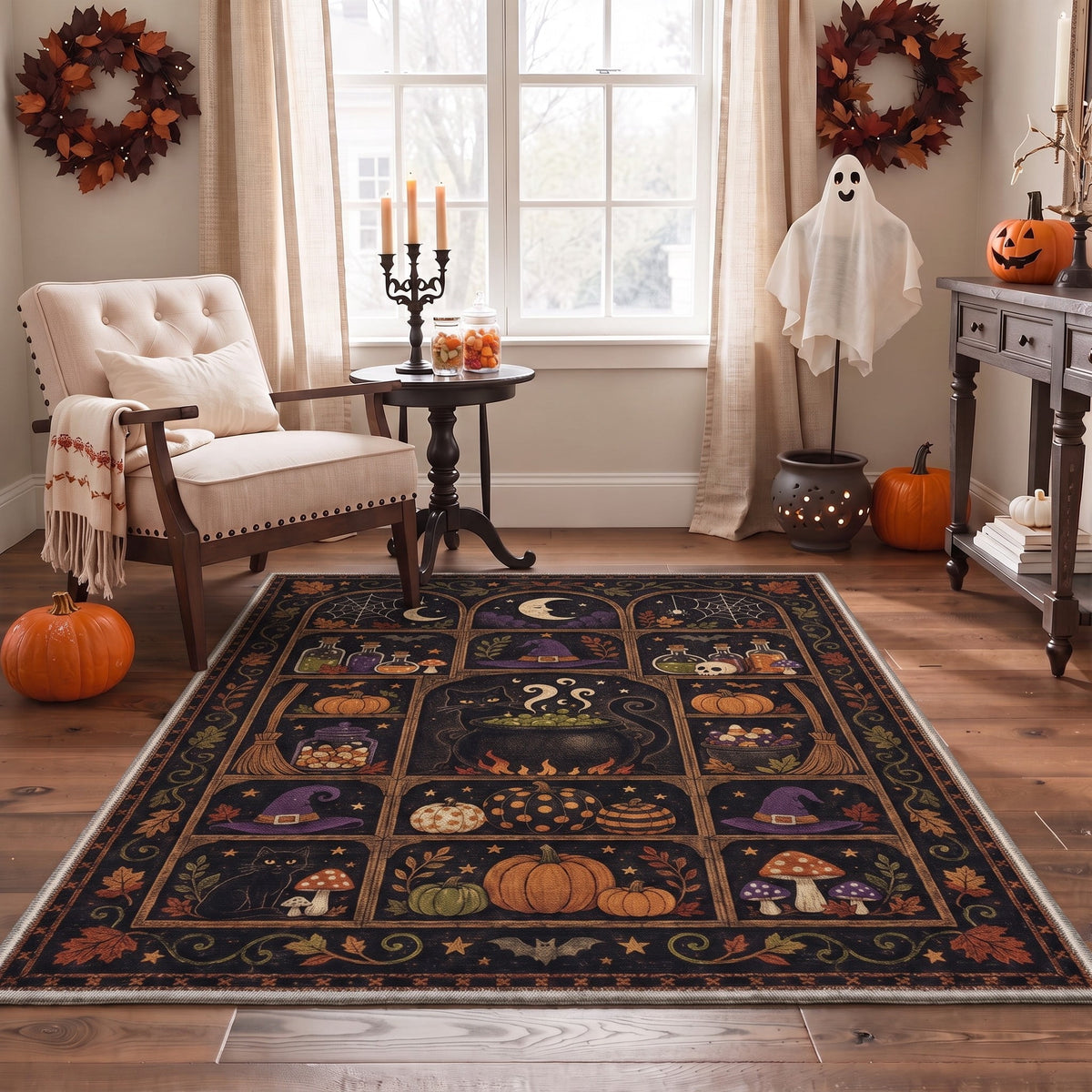 GENIMO 2'x7' Halloween Runner Rug, Washable Non Slip Soft Vintage Witch Indoor Outdoor Hallway Runner for Porch Patio Kitchen Entryway, Vintage Black