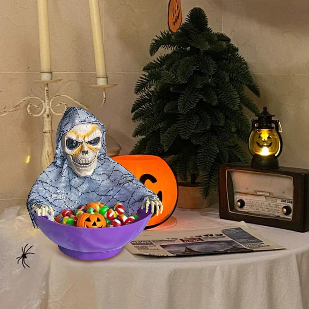 Animated Halloween Candy Bowl - Motion-Activated Skull with LED Eyes & Sound - Screaming Trick or Treat Candy Dish for Prank Decor