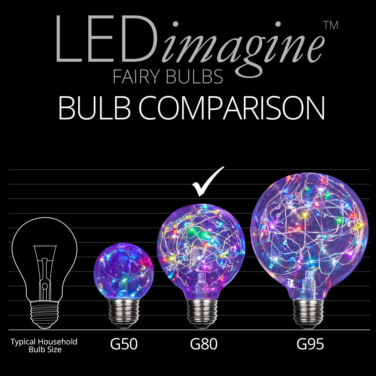 LEDimagine G80 Fairy Light Bulb, 50 Multicolor Color Changing LED Diodes Inside, Clear Glass Finish, E26 Base