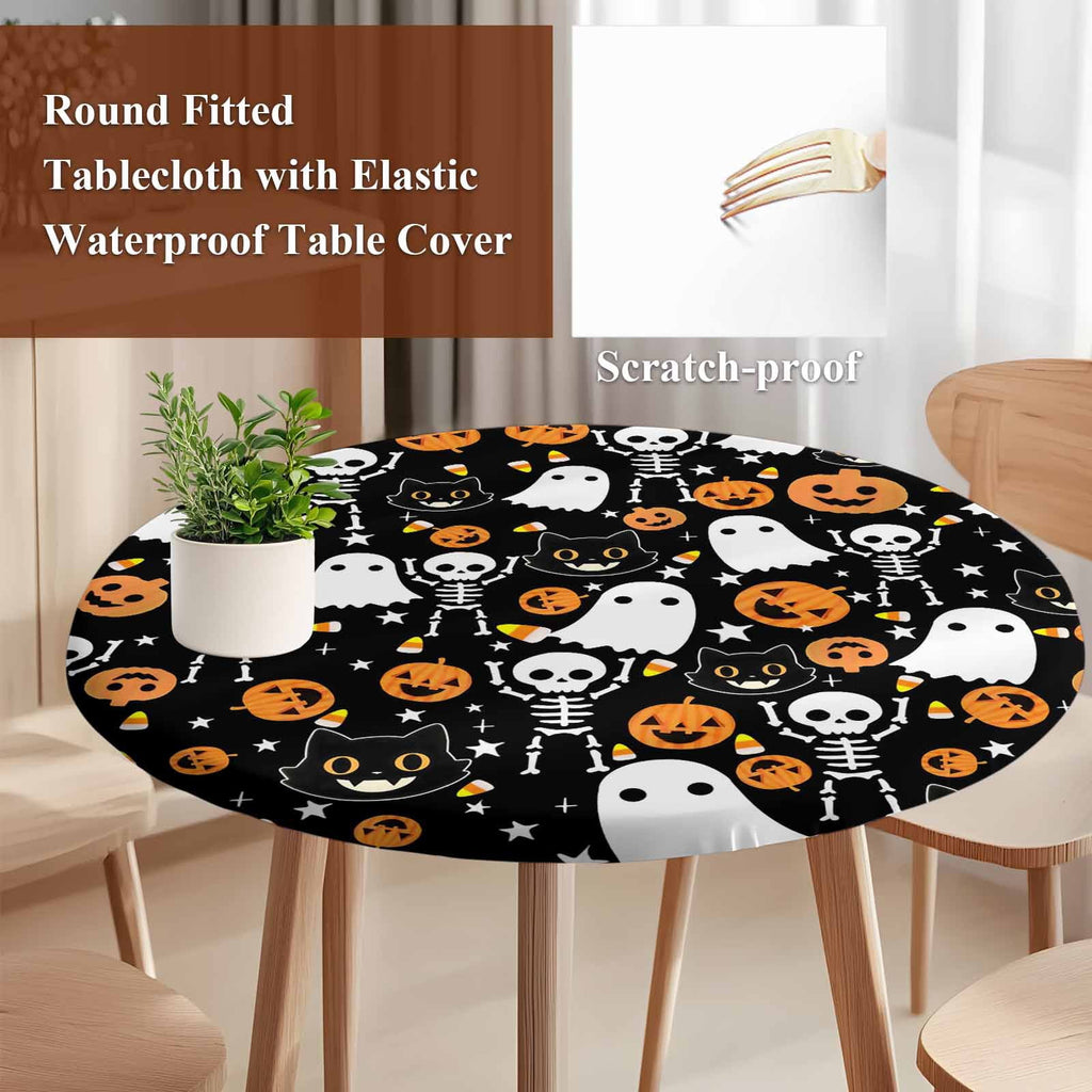 Halloween Round Tablecloth 36-44 Inch Round Fitted Table Cloth with Elastic Edge, Orange Pumpkins White Funny Ghost Black Cat Waterproof Table Cover Protector for Outdoor Picnic Party Dining