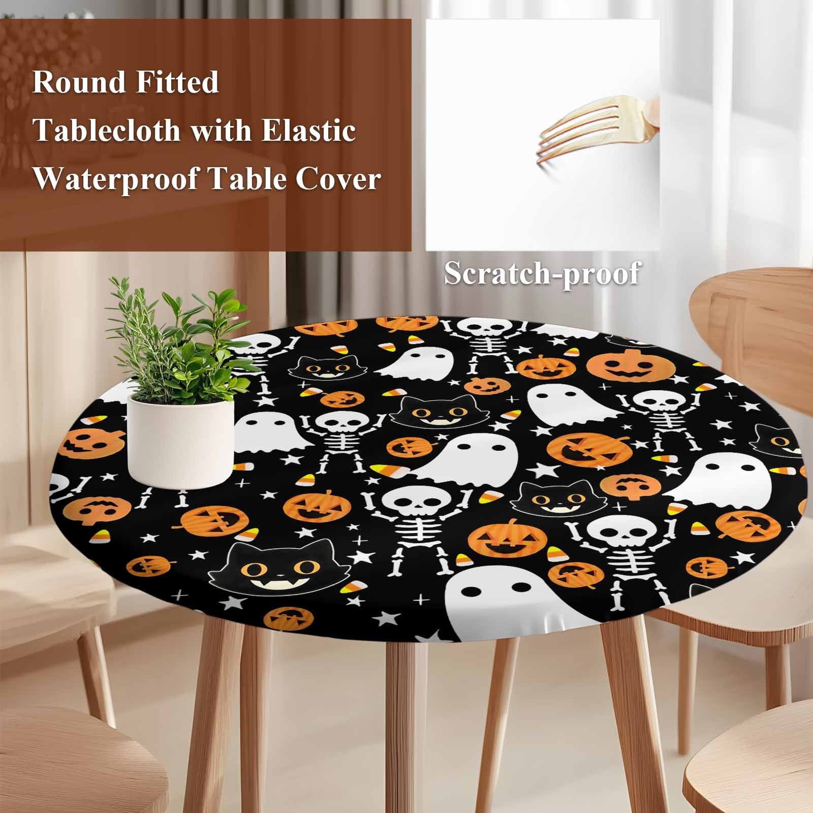 Halloween Round Tablecloth 36-44 Inch Round Fitted Table Cloth with Elastic Edge, Orange Pumpkins White Funny Ghost Black Cat Waterproof Table Cover Protector for Outdoor Picnic Party Dining