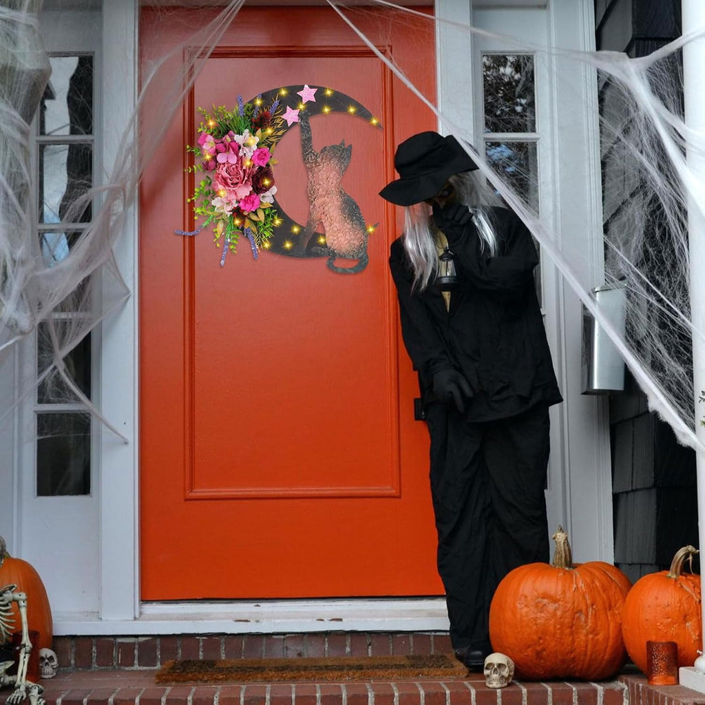Halloween Wreaths For Front Door, Flower Moon Cat Halloween Home Decoration, Halloween Family Gathering Decoration Wreath，Outdoor, Wall, Closet, Fence, Wreath Halloween (Pink roses)