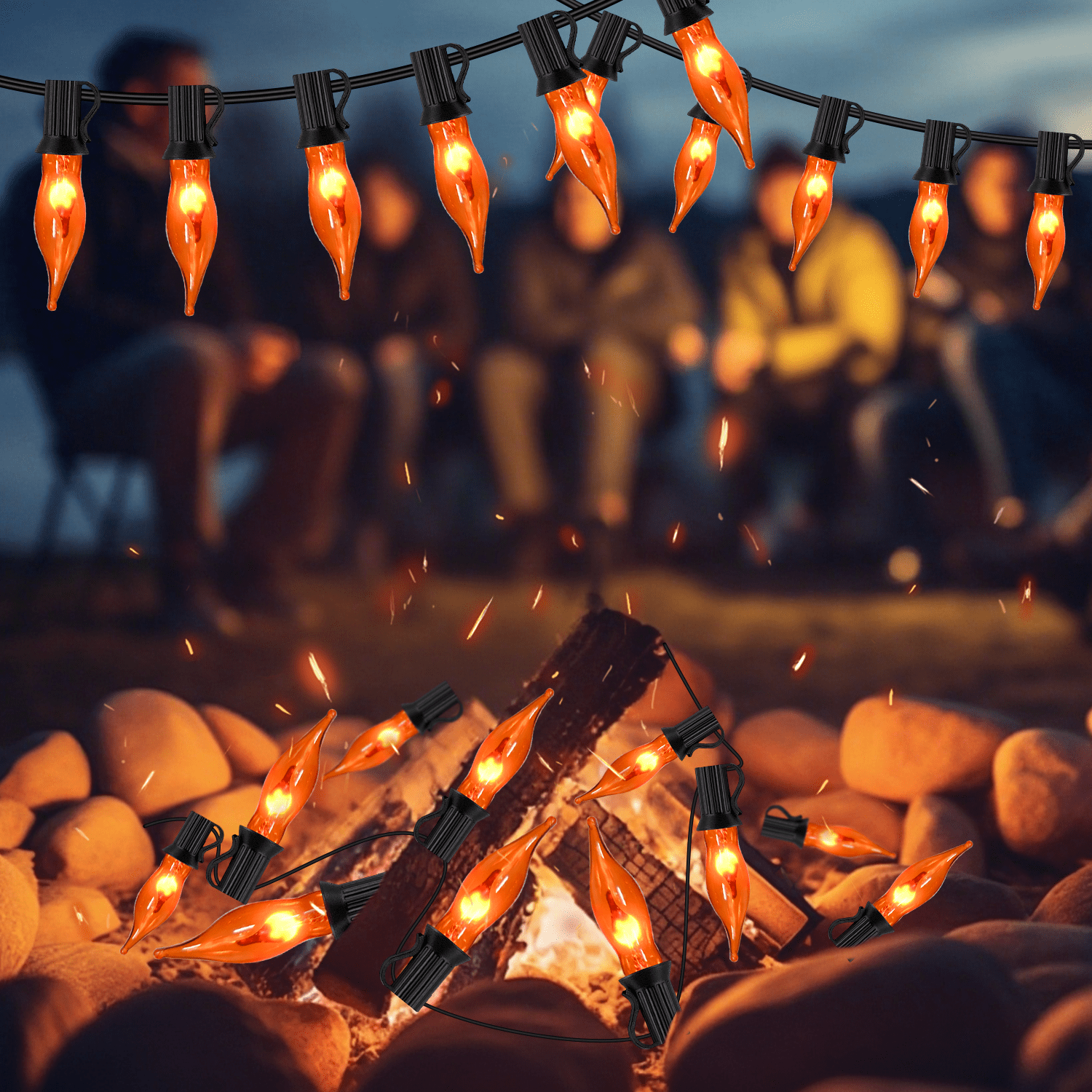 Halloween Lights Flickering Flame String Lights with 12 Pack C7 Orange Flame Light Bulbs (2 Spare), 12.8Ft Orange Flame String Lights for Indoor Outdoor Home Party Yard Halloween Decorations